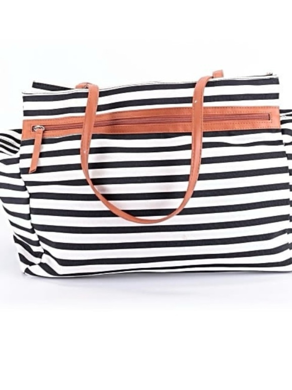 Striped Black & White Shoulder Tote with Tan Trim